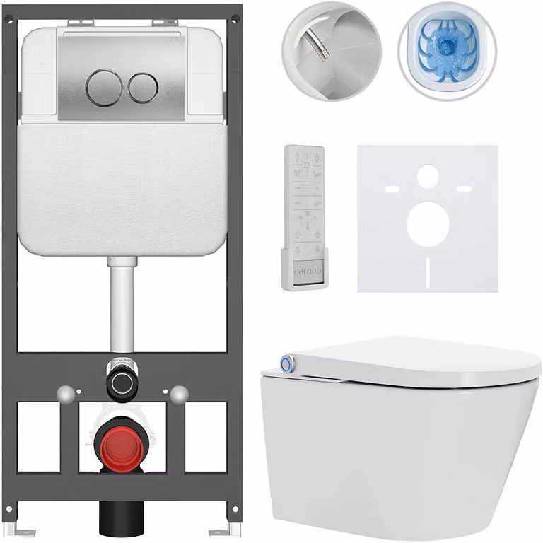 CERANO - WC sospeso con bidet Cronus Pro - bianco lucido - pulsante Prime/Dualo, argento - sospeso - installazione a parete/cartongesso - 59,3 x 38,4 cm