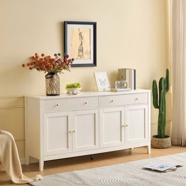 Credenza moderna bianca con dettagli oro in MDF per soggiorno e cucina, L: 160 cm, H: 82 cm, P: 40 cm