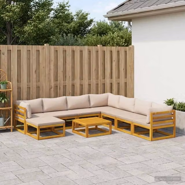 Set di divani da giardino vidaXL in legno di acacia massello con cuscini beige e marrone, composizione a L con pouf e tavolino da esterno, 9 pezzi – 1