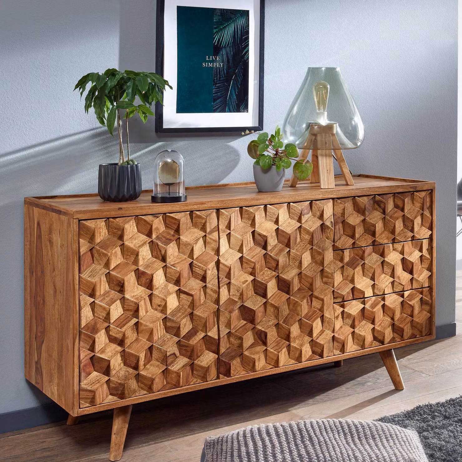 FineBuy Credenza in legno massiccio di Sheesham 140 cm con 2 ante e 3 cassetti - Cassettiera solida e retrò con piedi in legno - Credenza naturale di design - Realizzata a mano