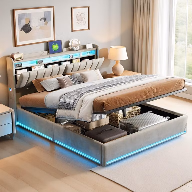 Letto matrimoniale con boxspring, dimensioni 140x200 cm, con spazio contenitore, struttura imbottita con sistema idraulico, illuminazione a LED e porta USB, rete a doghe in legno, rivestito in velluto, colore grigio