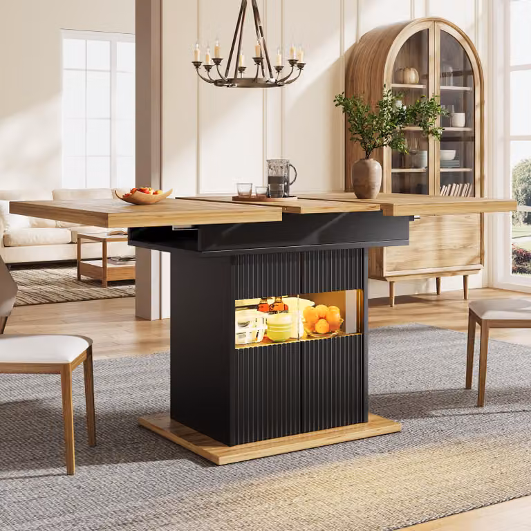 Tavolo da pranzo estendibile con spazio contenitivo, illuminazione LED, piano regolabile e dimensioni da 110-140 cm, in legno nero