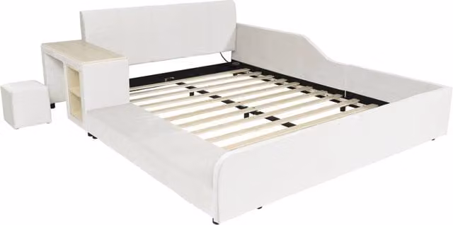 Letto imbottito per bambini con scrivania, sgabello e ripiano, tessuto velluto bianco 140x200 cm