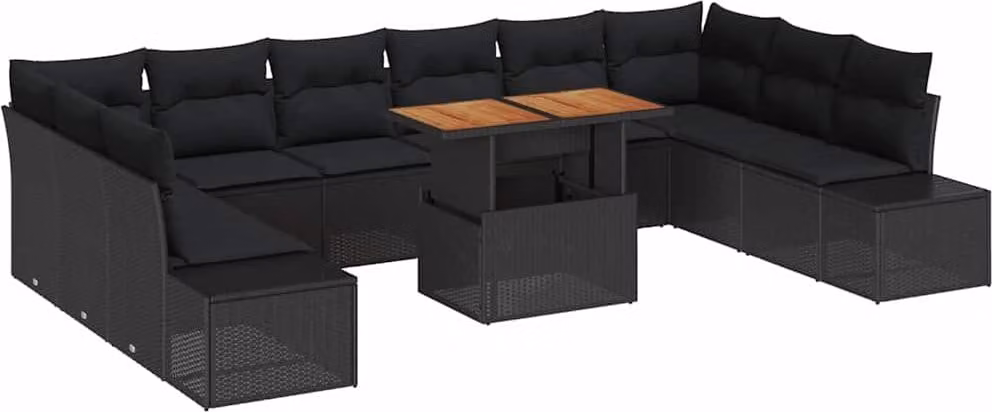 Set Divano da Giardino 11 pcs Nero Poly Rattan