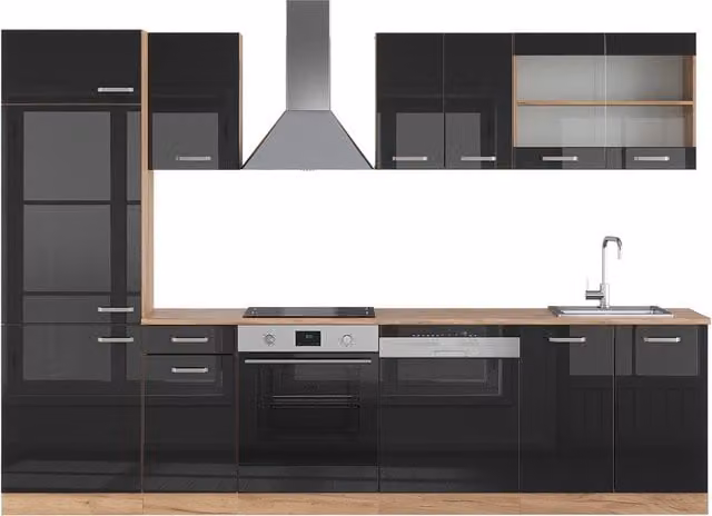 Cucina componibile moderna R-Line Vicco in nero lucido e rovere dorato, larghezza: 300 cm