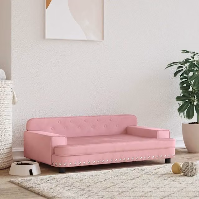 Lettino per cani vidaXL in velluto rosa con struttura in legno di pino L 90 cm x P 53 cm x H 30 cm – 1