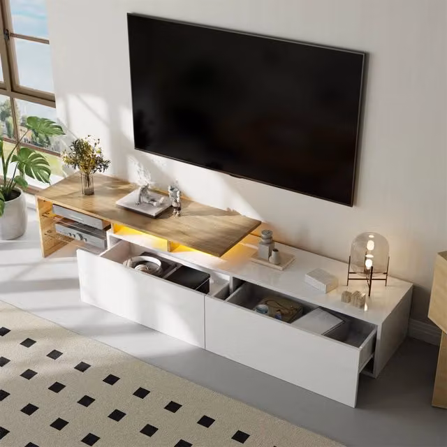 Mobile TV moderno FOLYNAARREDO con illuminazione LED integrata e ripiani in vetro, bianco e beige, L: 170 cm, P: 33 cm, H: 33.5 cm