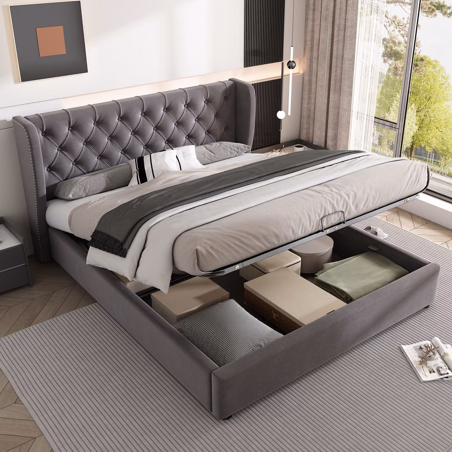 Letto imbottito Flieks 140x190cm, letto a molle con rete a doghe, letto contenitore letto matrimoniale con contenitore, letto per ragazzi letto in legno massiccio, velluto, grigio