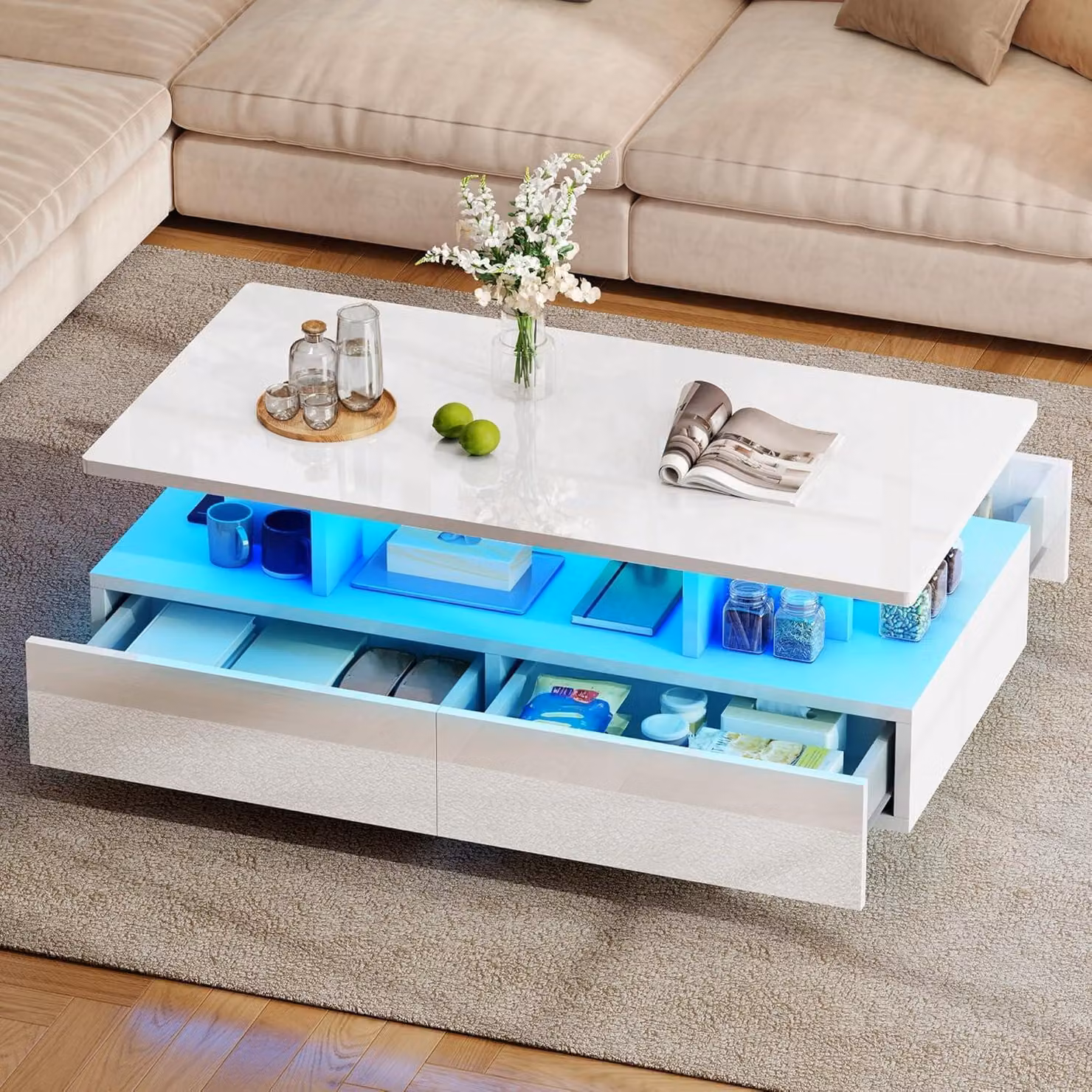 Tavolino moderno con finitura lucida, illuminazione a LED, ripiano e 4 cassetti, dimensioni 90x55x41,1 cm, colore bianco