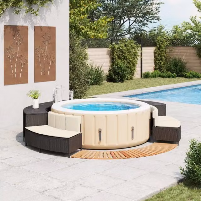Bordo per Spa Nero in Polyrattan e Legno Massello di Acacia 3270642