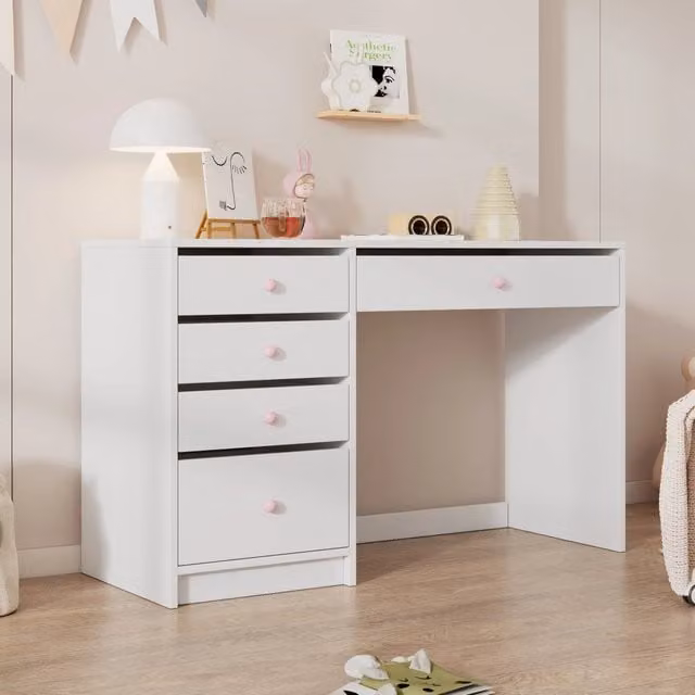Scrivania con 5 cassetti per bambini e adulti bianca con maniglie in ceramica rosa 120 × 45 × 74 cm