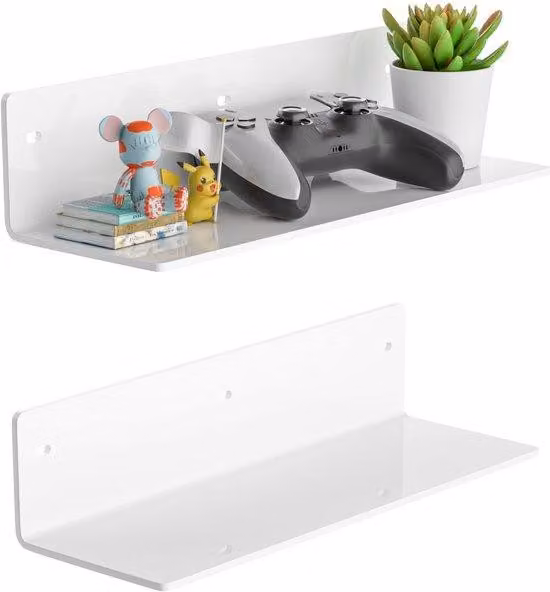 Set di mensole da parete in acrilico, 30 cm, bianco, 2 pezzi, per piante, altoparlanti, fotocamera, articoli da bagno, sacchetti di erbe aromatiche, caffè, candele, scarpe