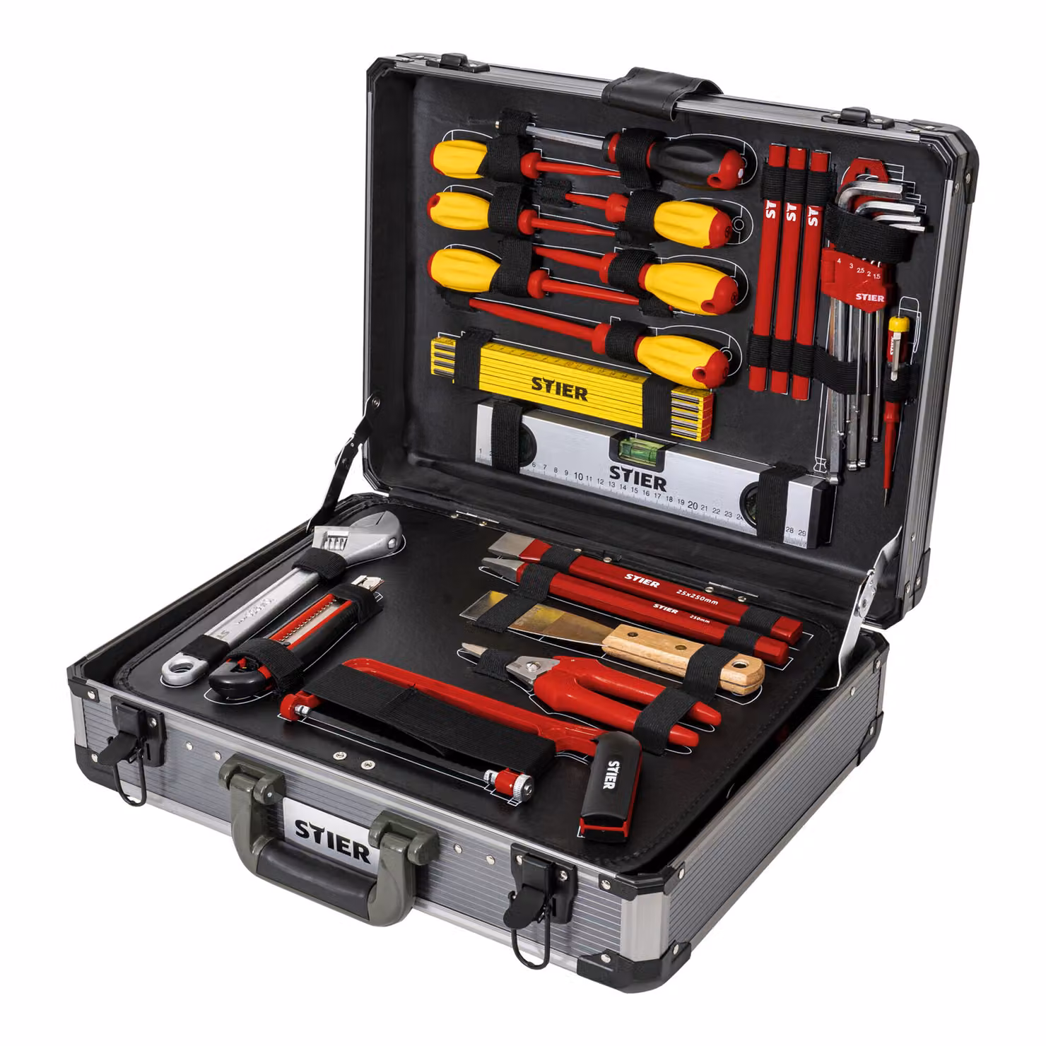 Assortimento di utensili per elettricisti STIER, valigetta per utensili, 128 pezzi, in robusta valigetta di alluminio, tutto per il professionista, completo e ben protetto, livella, martello, metro a nastro, pinze