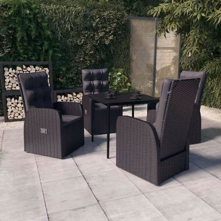 Set da Pranzo da Giardino vidaXL in Polyrattan con Cuscini e Tavolo in Vetro Nero, 5 Pezzi