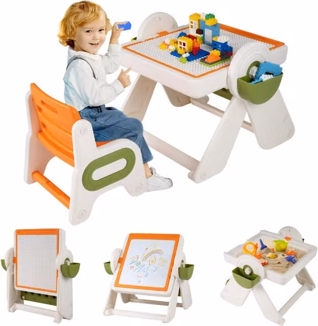 Set tavolo e sedia multifunzione 6 in 1 per bambini dai 18 mesi in su, cavalletto pieghevole con piano reversibile e porta penne, colore arancione