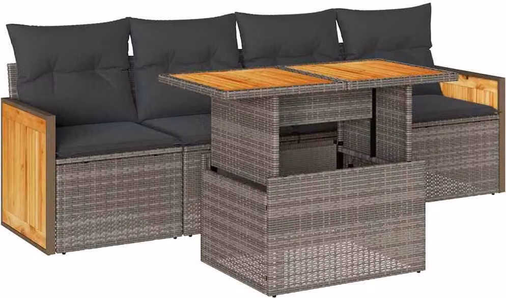 Set Divano Giardino 5 pz con Cuscini Grigio Polyrattan Acacia
