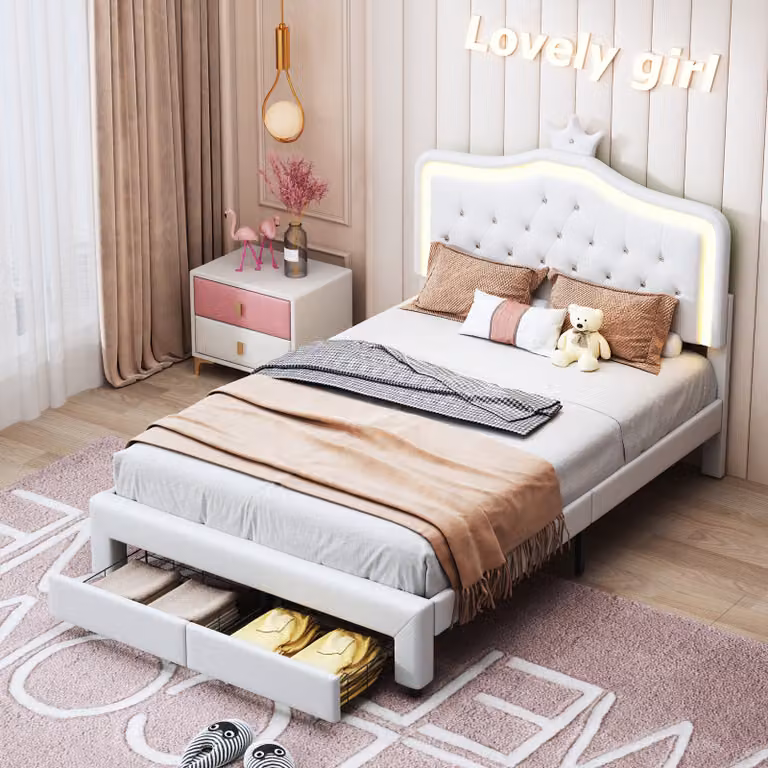 CDGlobal letto per bambini imbottito 140x200, struttura letto per ragazze con testata regolabile a LED, struttura letto singolo crown in Finto cuoio con rete a doghe e cassetti, bianco
