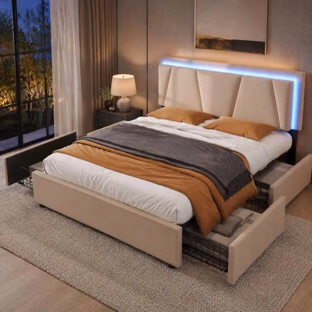 Letto imbottito 140x200 cm con LED; 4 cassetti e testiera regolabile; beige