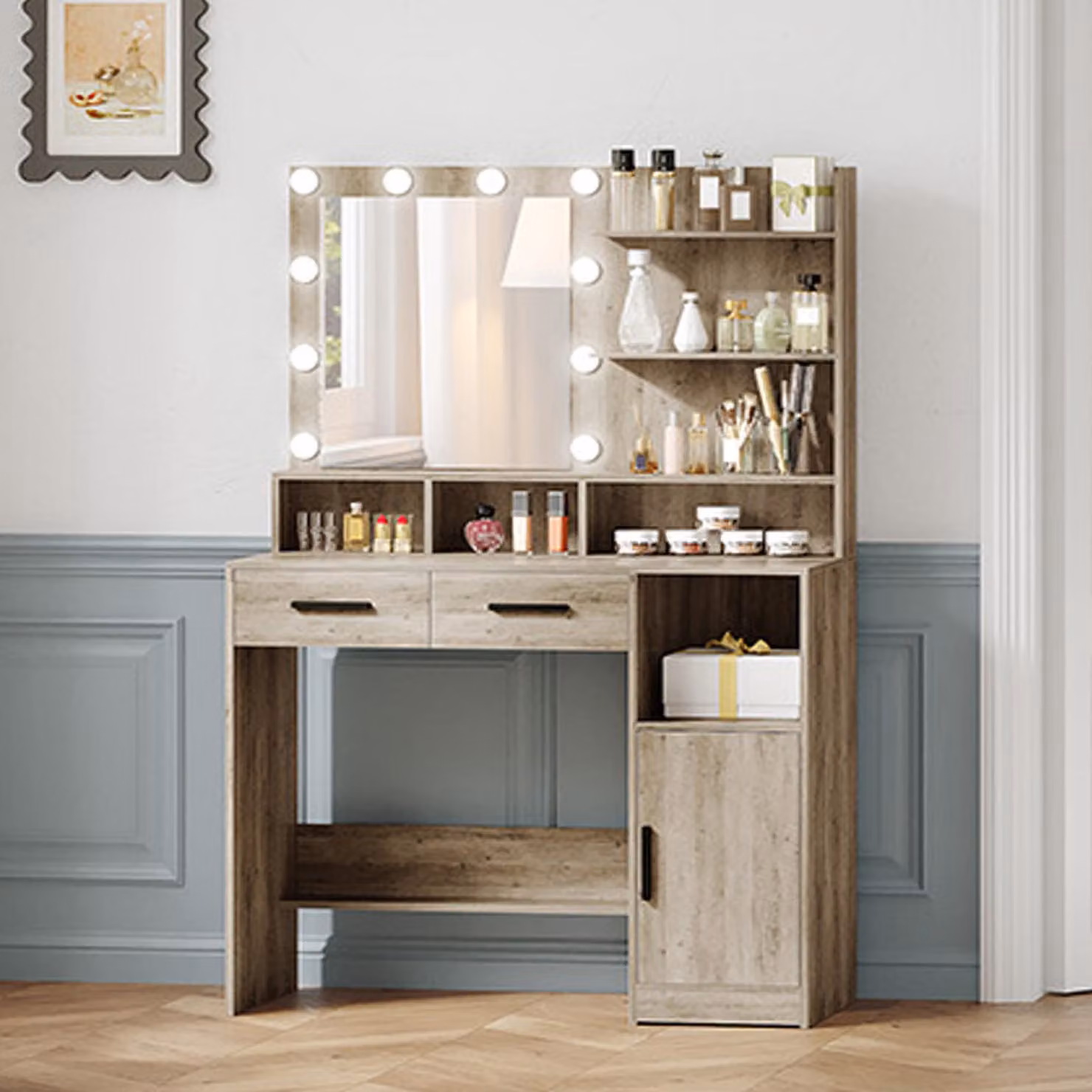 Comò con specchio, colore grigio chiaro - 10 luci LED - Legno - Design moderno e minimalista