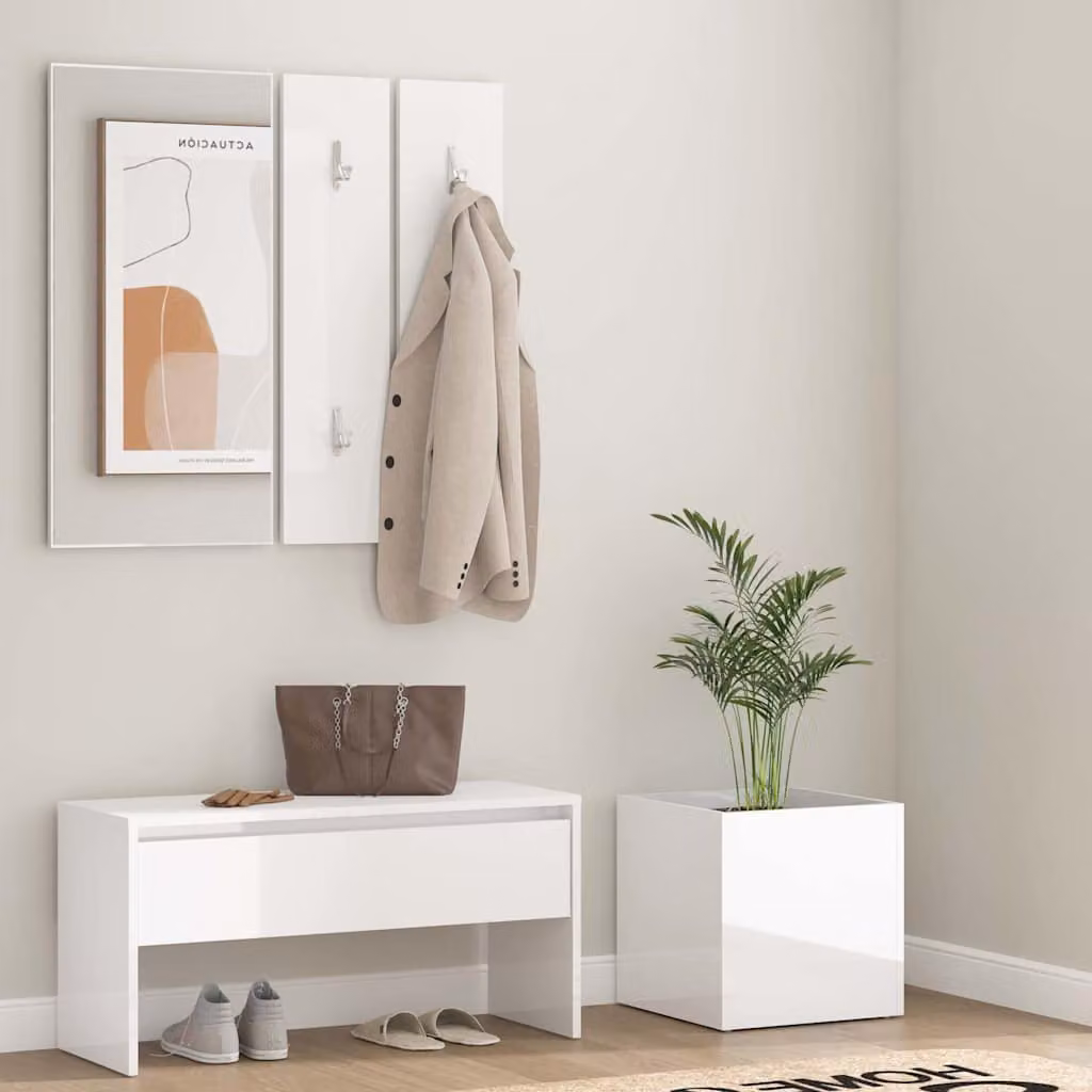 Set di mobili da corridoio moderno vidaXL bianco lucido con panca, specchio e porta scarpe in legno e MDF