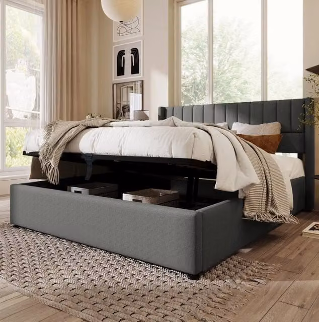 Letto contenitore imbottito matrimoniale 140x200 cm con base idraulica, struttura in legno e metallo, rivestimento in lino grigio