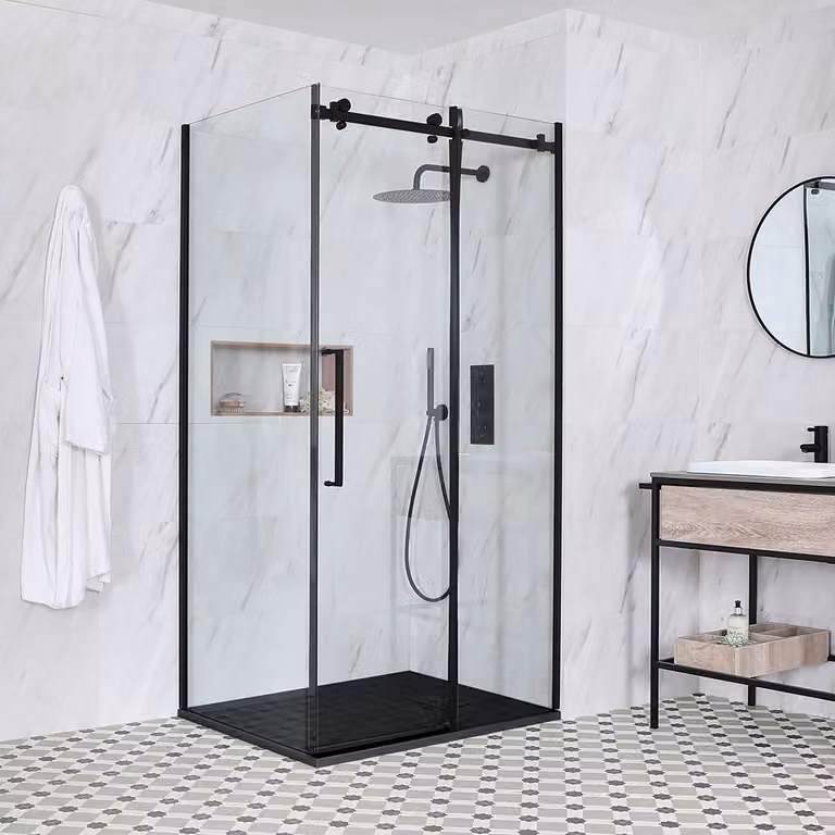 Box Doccia Angolare Nero con Porta Scorrevole Senza Telaio e Piatto Ardesia Bianco - 1200 x 800mm - Nox