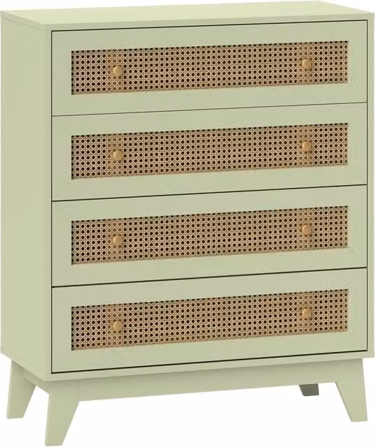 Cassettiera Xylo con 4 cassetti in legno chiaro e inserti in cannage di rotin verde e beige L: 80 cm, P: 35 cm, H: 95 cm