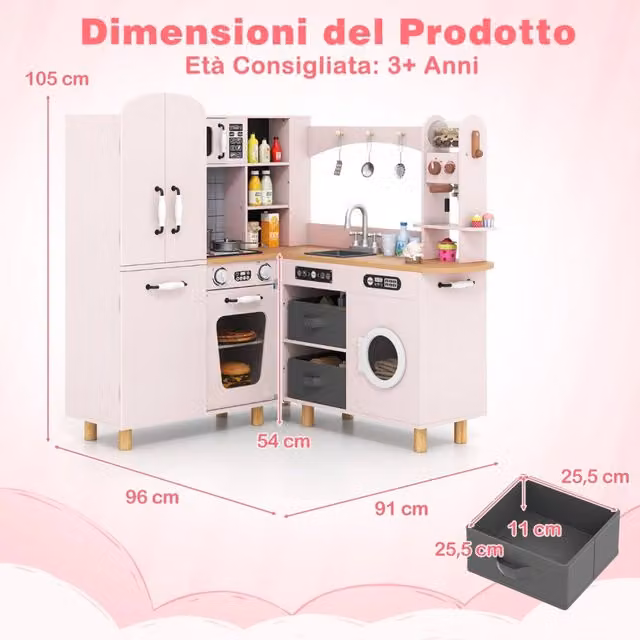 Cucina giocattolo ad angolo in legno per bambini con frigorifero a doppia porta, contenitori in tessuto e 12 accessori, colore rosa
