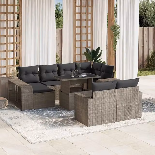 vidaXL Set Divani da Giardino a L 11 pz in Polyrattan Grigio con Cuscini Imbottiti e Tavolino