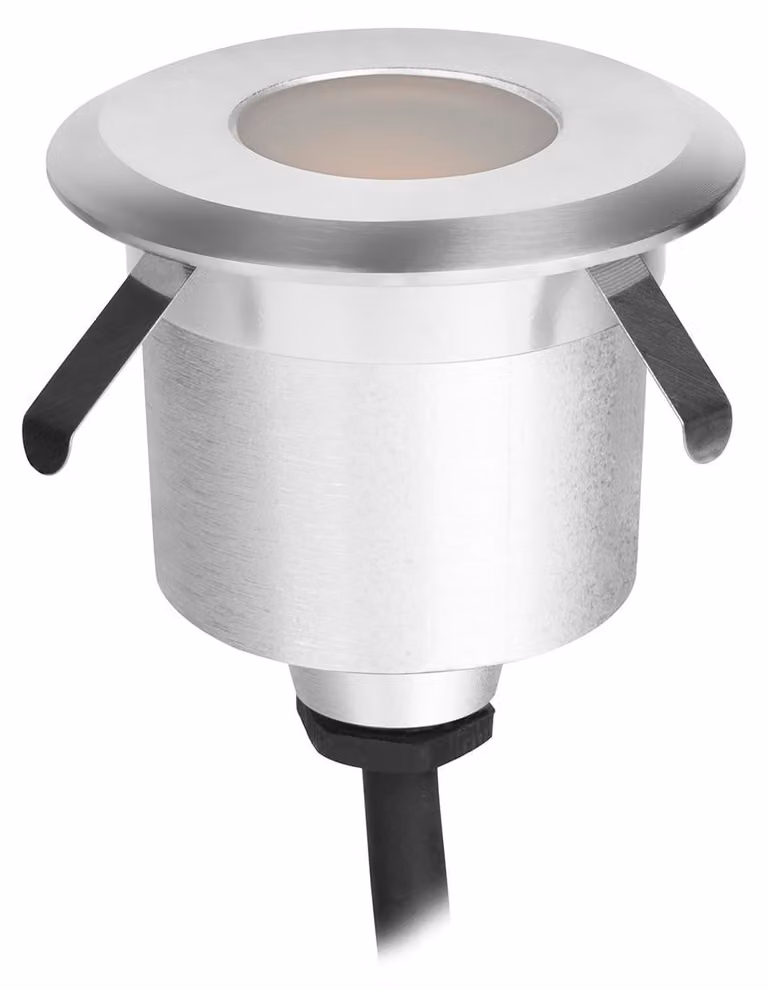 Lampada da incasso a pavimento, LED 2W, per uso esterno, grado di protezione IP65-IP67, luce bianco caldo 3000K, realizzata in alluminio e policarbonato, design compatto da 59mm, interruttore on/off, illuminazione sicura ed elegante