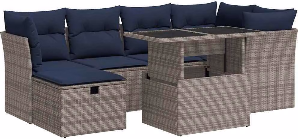 Set Divani da Giardino 7pz con Cuscini Grigio Polyrattan Acacia