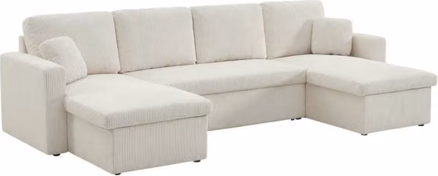 Divano letto panoramico a U in velluto a coste bianco con contenitore e cuscini SWEEEK per 4 persone