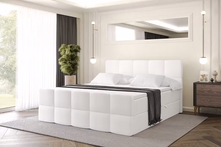 Letto boxspring ALTDECOR con materasso e rete a doghe, topper, letto imbottito con contenitore, letto con spazio contenitivo e materasso H3, letto matrimoniale, letto a cassettoni - LIRO-Z - 180x200 - Pelle finta bianca