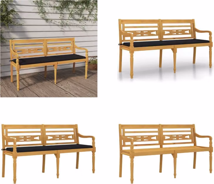 vidaXL Panca Batavia con cuscino nero 150 cm in teak massiccio - Panca - Panche - Panca da giardino - Panca da salotto