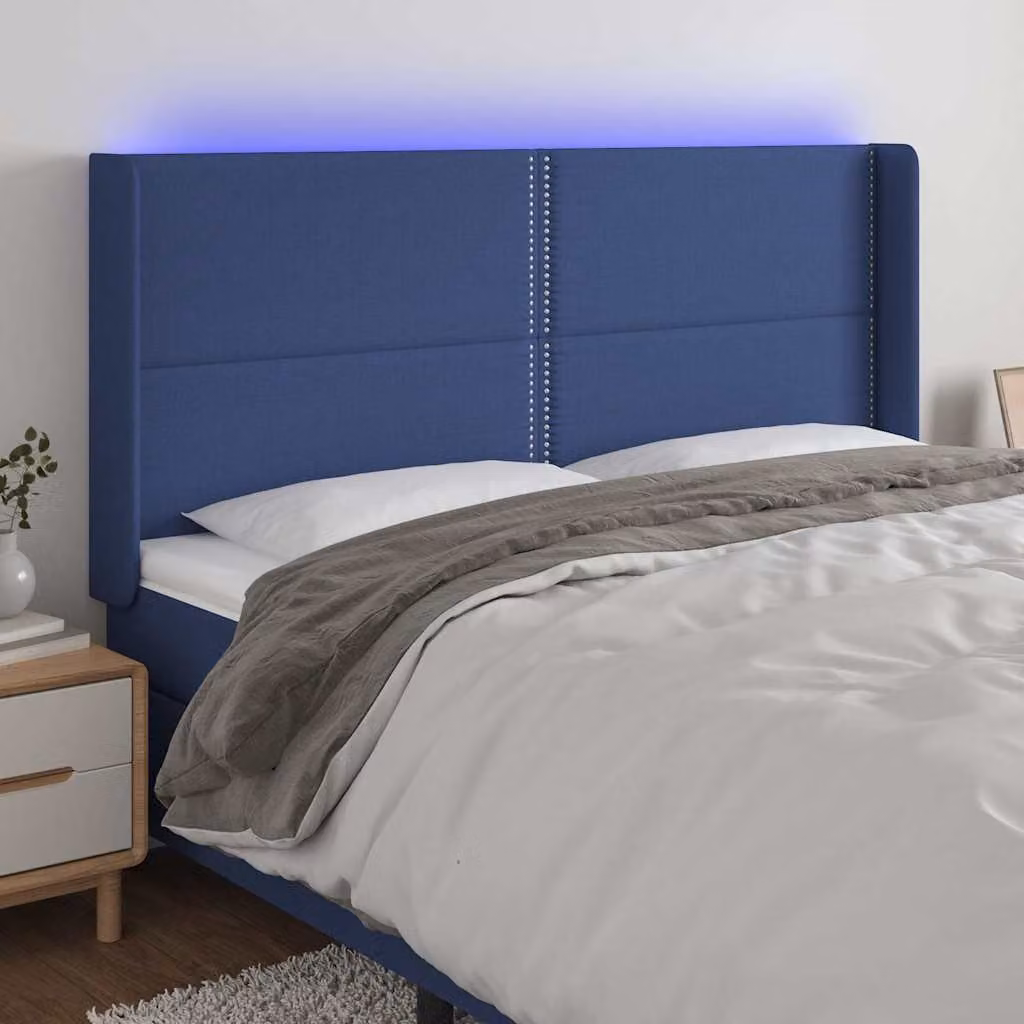 Testiera per letto vidaXL in tessuto blu con illuminazione LED e porta USB, L 203 cm x P 16 cm x H 118/128 cm