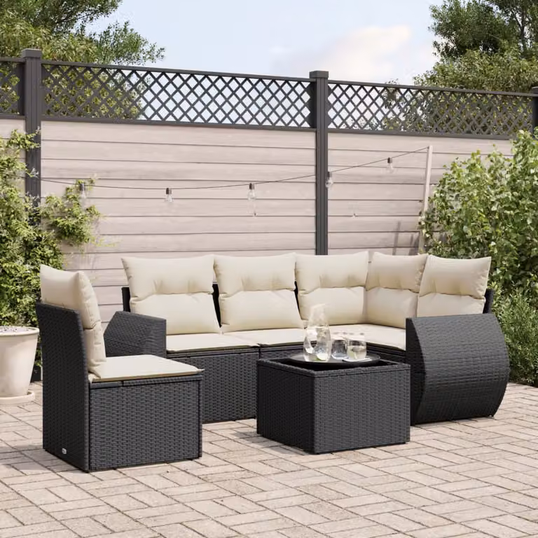Set Divano da Giardino a L vidaXL 6 pz con Cuscini e Tavolino Nero in Polyrattan e Acciaio