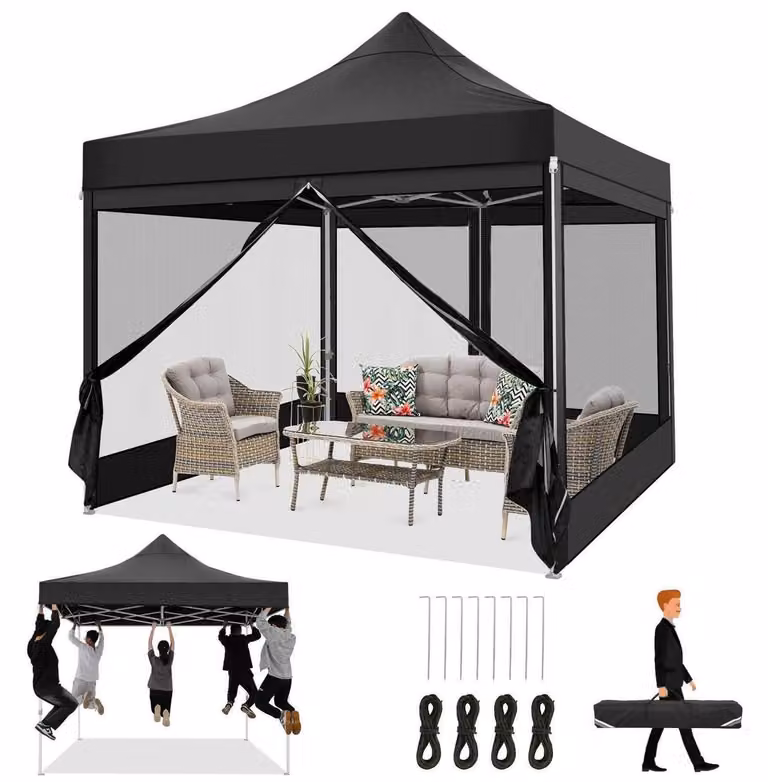 Gazebo da esterno 3x3 metri, impermeabile, stabile, con 4 pareti laterali, zanzariera, protezione UV, tessuto Oxford 420D, colore nero