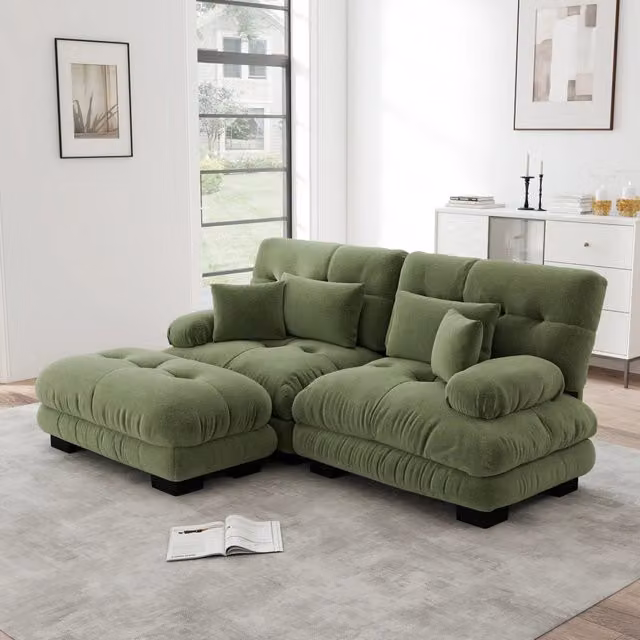 Divano Angolare in Tessuto Chenille ¨C Xylo ¨C Verde, Cuscini, Ottoman, Braccioli