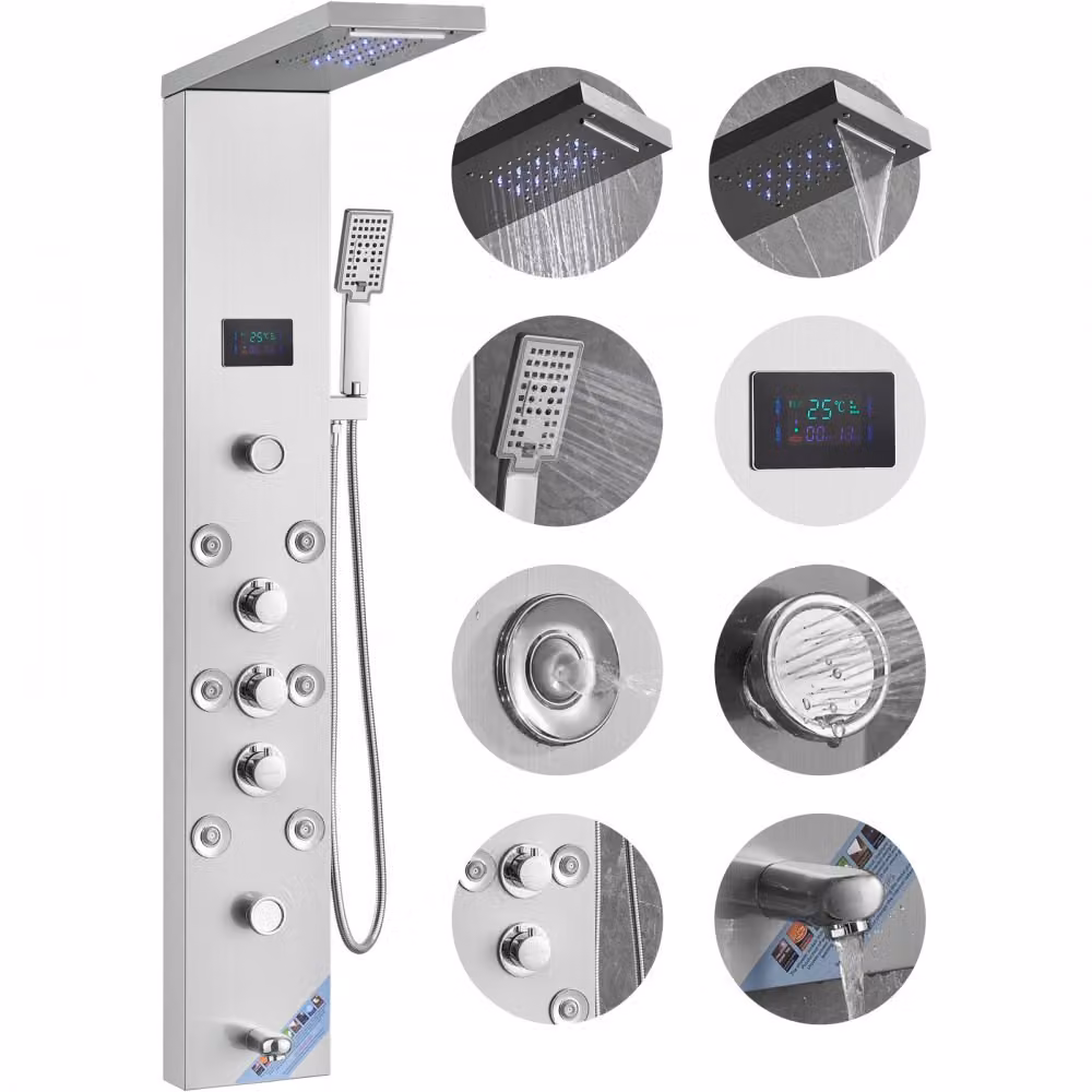 Sistema di pannelli doccia ''LuxeRain'' - 6 modalità di doccia - torre di pannelli doccia a LED e schermo d'acqua - pioggia/cascata - 8 getti massaggianti - bocca da bagno - doccetta - set doccia a parete in acciaio inox.