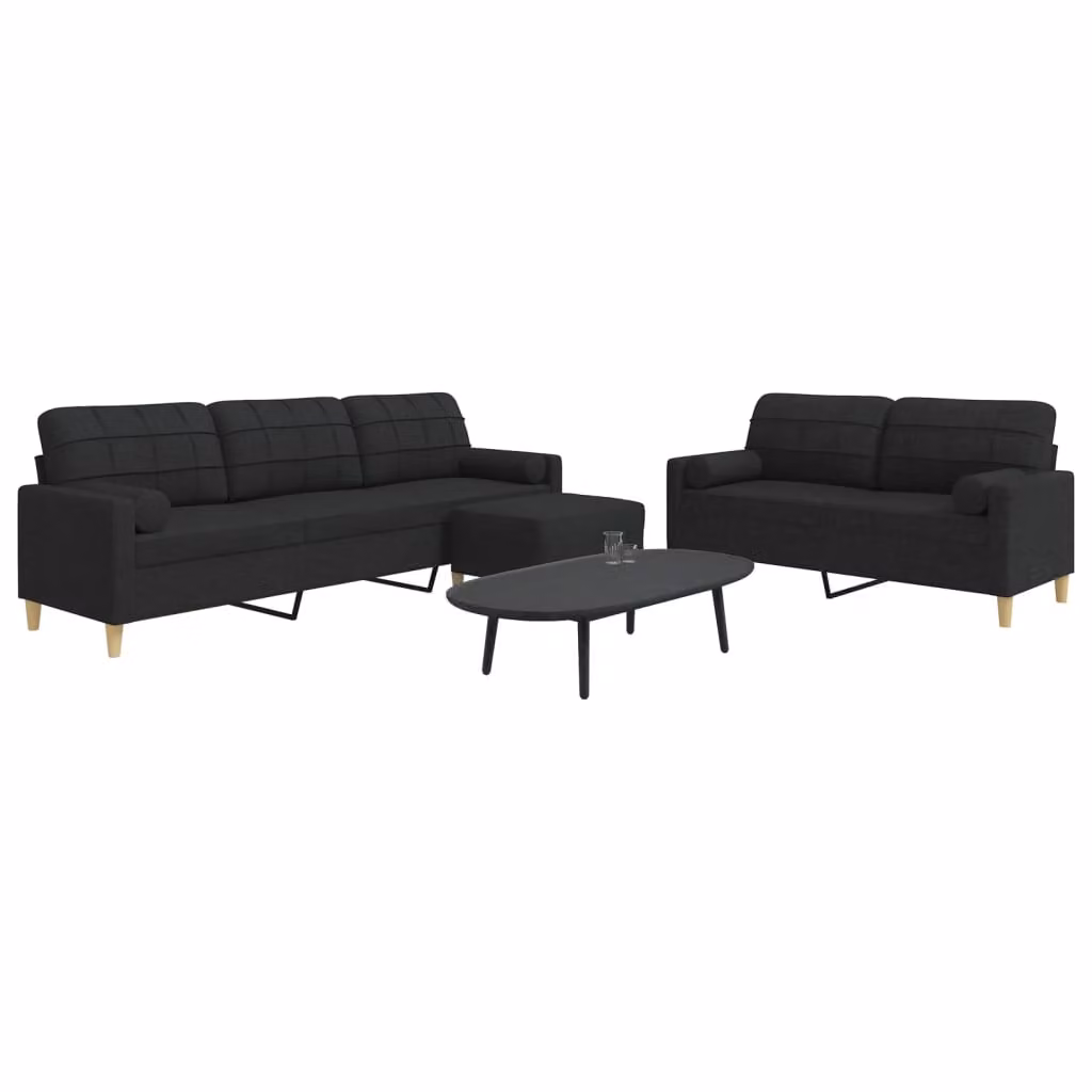 Set di divani vidaXL da 3 pezzi con pouf e cuscini, nero in tessuto moderno con struttura in metallo – 1