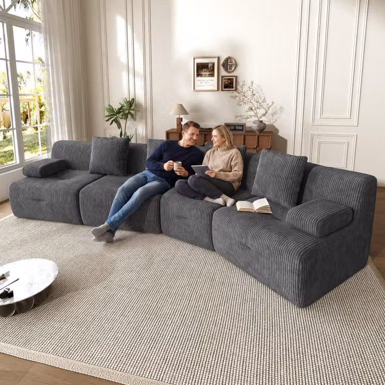 Divano modulare Merax, rivestito in tessuto corduroy, con 4 moduli componibili, divano imbottito che non richiede montaggio, capacità di carico di 400 kg, dimensioni 311x90x65 cm, colore grigio