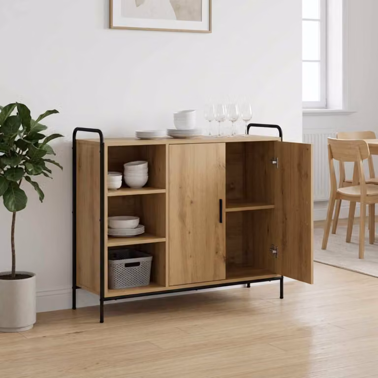 Credenza moderna vidaXL in rovere e metallo, colore marrone, L: 98,5 cm, P: 33 cm, H: 81 cm