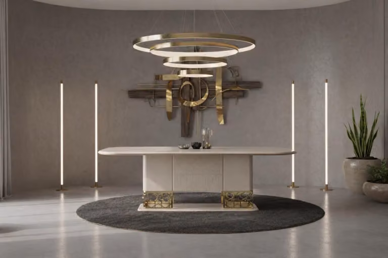 Tavolo da pranzo elegante con dettagli dorati, design moderno e lussuoso