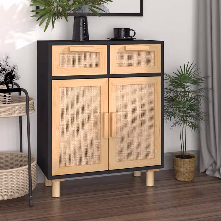 Credenza vidaXL in legno massello di pino e rattan naturale, colore nero, L: 60 cm, P: 30 cm, H: 75 cm