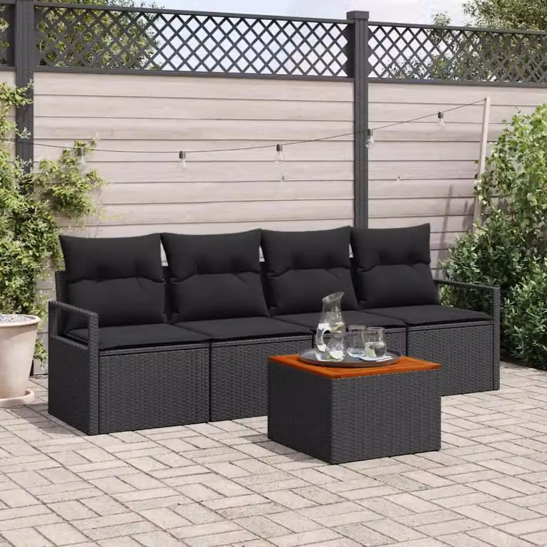 Set Divano da Giardino vidaXL 5 Pezzi in Polyrattan Nero con Cuscini e Contenitore per Archiviazione