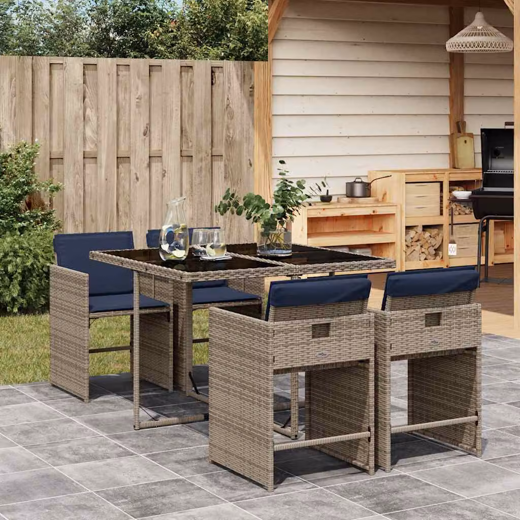 Set da pranzo da giardino vidaXL in polyrattan e vetro con 5 pezzi e cuscini, colore grigio