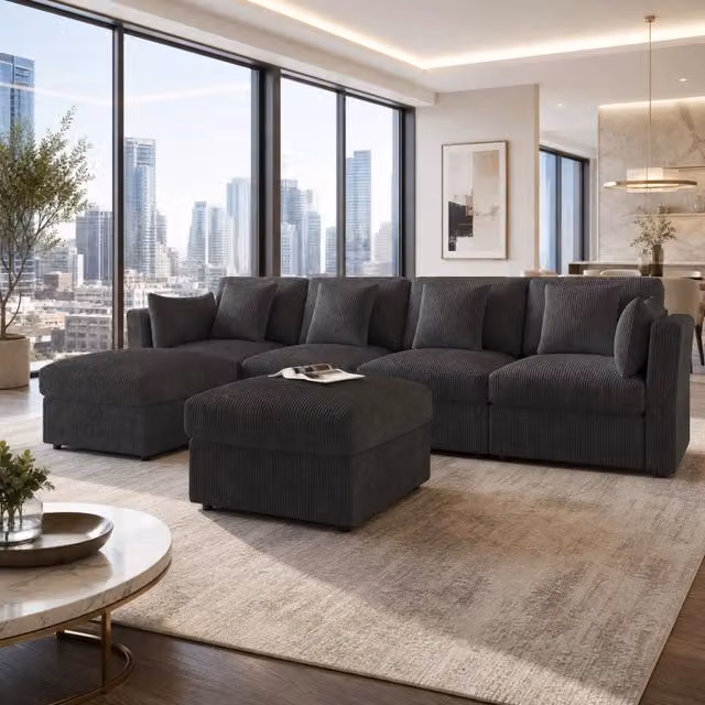 Divano modulare a U ULEVR 290x159,5 cm in velluto a coste grigio con braccioli regolabili e pouf mobili
