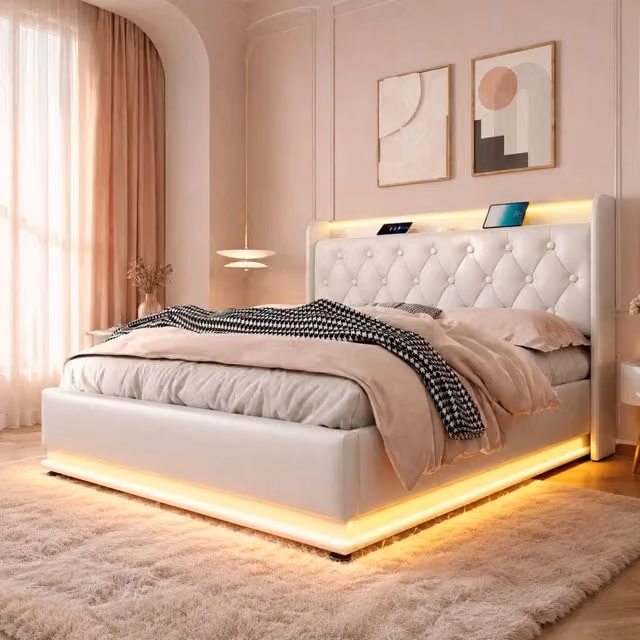 Letto matrimoniale imbottito 140 × 200 cm con LED a 360 gradi contenitore idraulico PU bianco USB tipo C con testiera