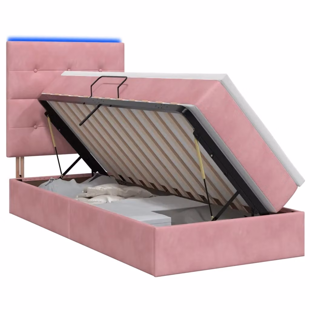 Letto con contenitore e illuminazione LED vidaXL in velluto rosa, L/P/H: 200 x 90 x 128 cm – 2