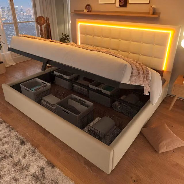 Desviae Letto con contenitore 160 × 200 cm 2 posti con LED, vano idraulico, con materasso, in PU, bianco